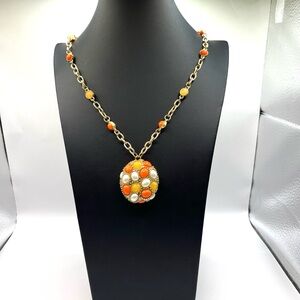 Lia Sophia Gold Necklace with Orange and White Pearl Pendant Statement